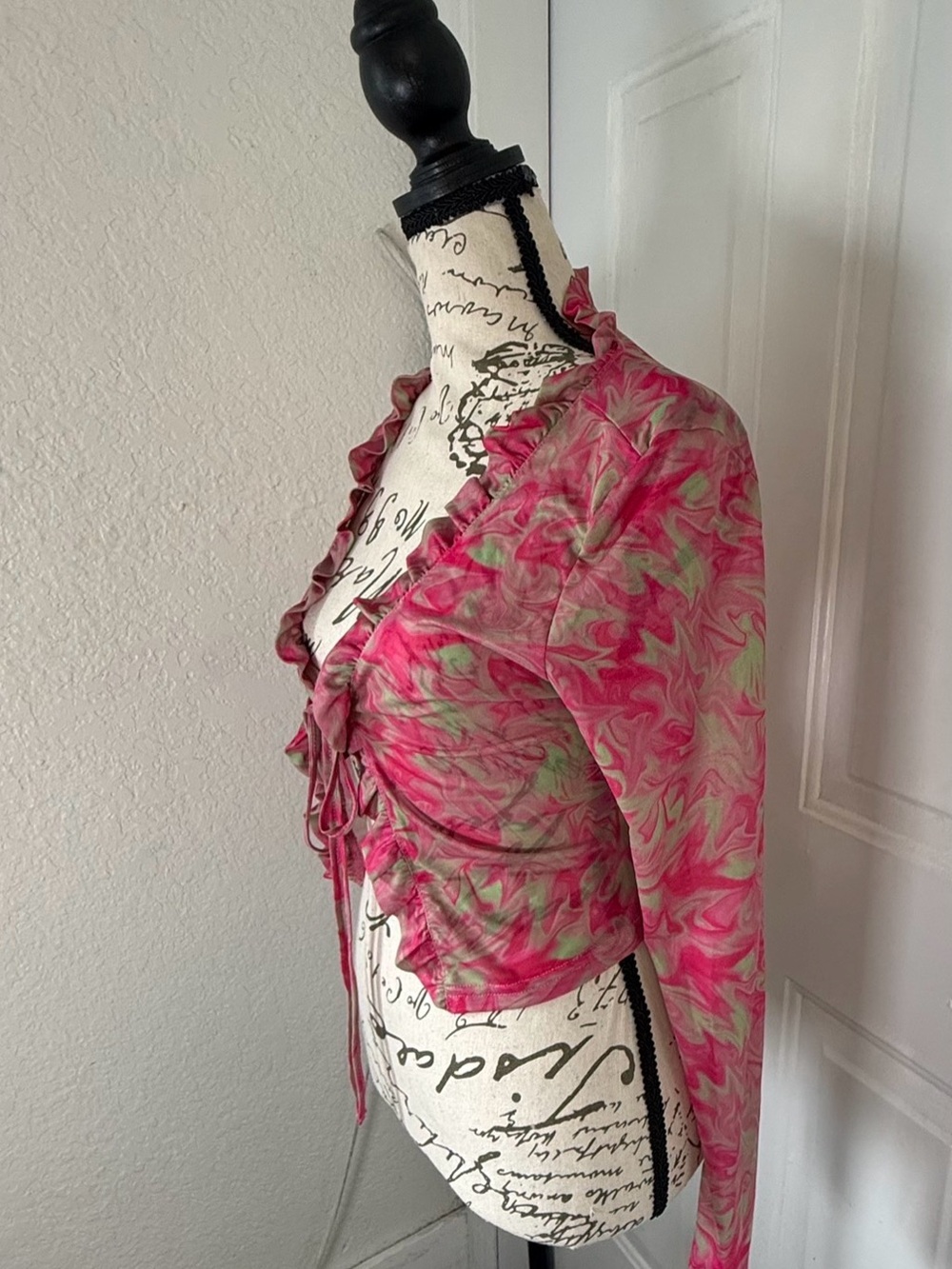 New Pink Y2K Style Pink & Green Abstract Marble Mesh Tie-Front Cardigan Top M - Picture 6 of 9